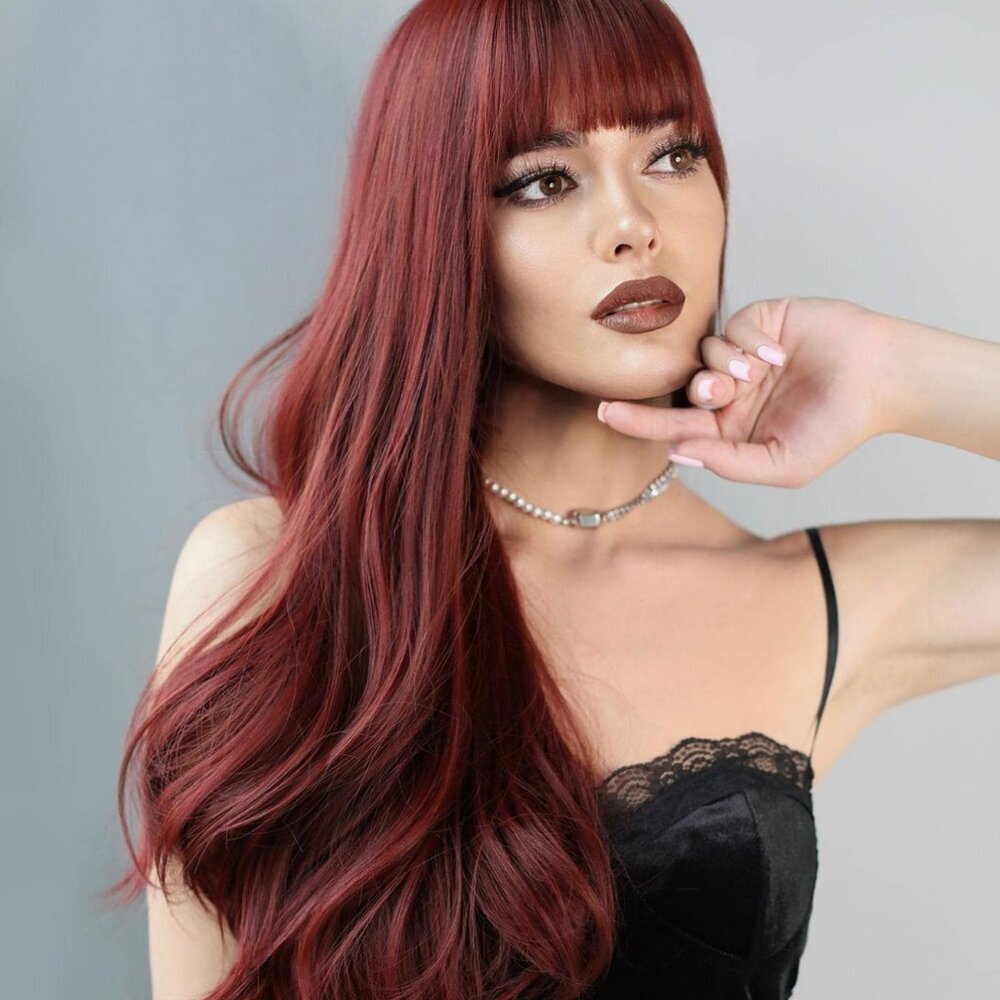 Burgundy Red Long Wavy Wig with Bangs Natural Realistic Hair look - Picture 8 of 14